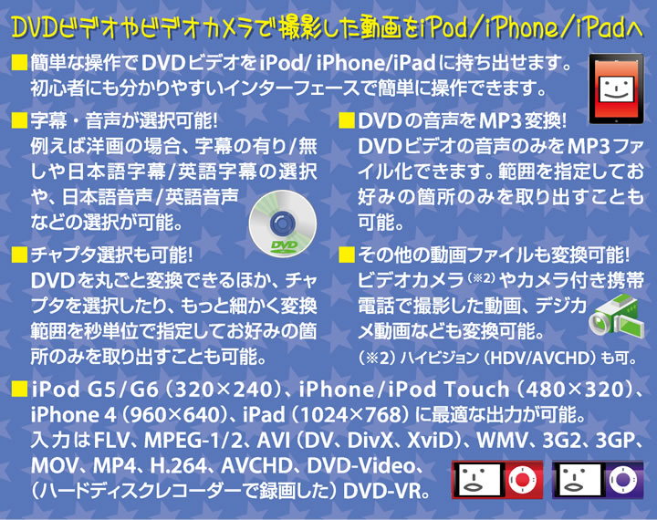 DVDビデオやビデオカメラで撮影した動画を iPod / iPhoneへ